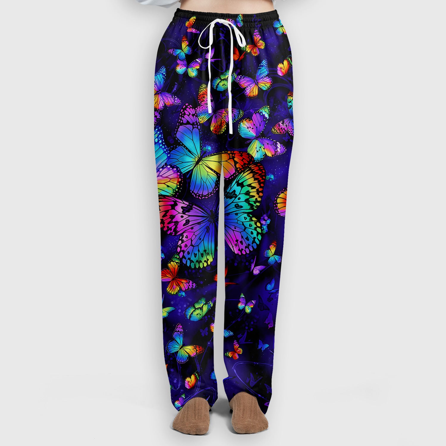 Vibrant Rainbow Butterfly Galaxy Pattern Scrub Set, Scrub Pants and V Neck Top