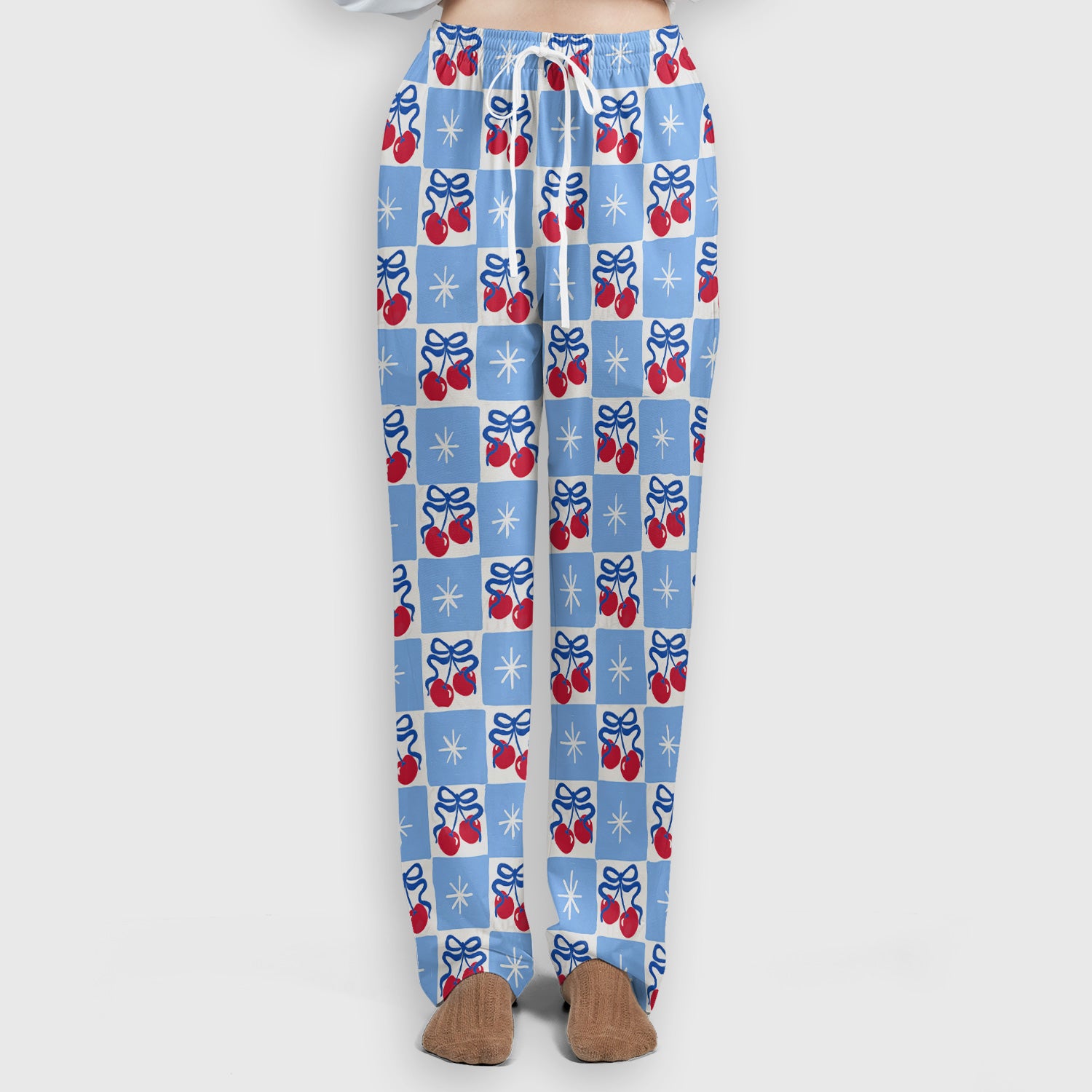 Cute Cherry Bow With Blue Gingham Check Pattern Scrub Set, Scrub Pants and V Neck Top