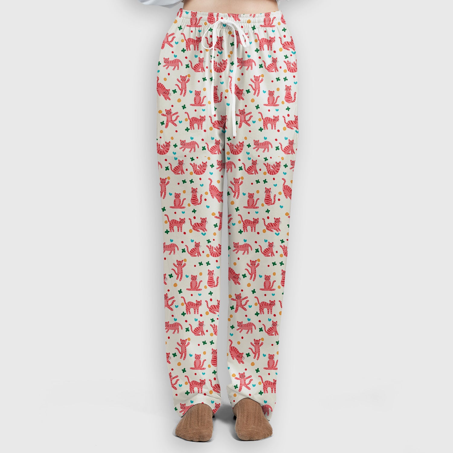 Cute Pink Cat Pattern Women's Scrub Sets, Scrub Pants and V Neck Top