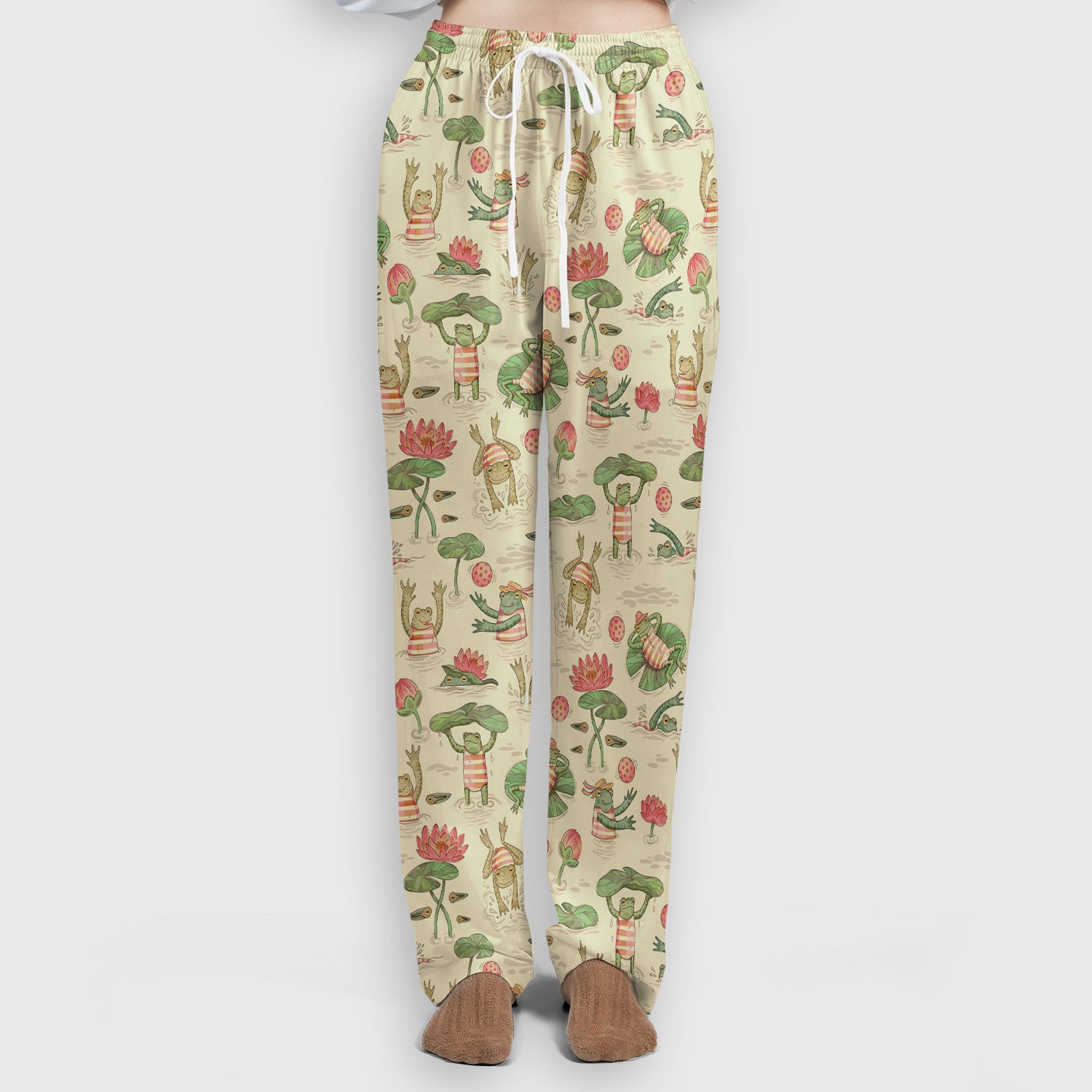 Cute Frogs Swimming Lily Pond Pattern Scrub Set, Scrub Pants and V Neck Top