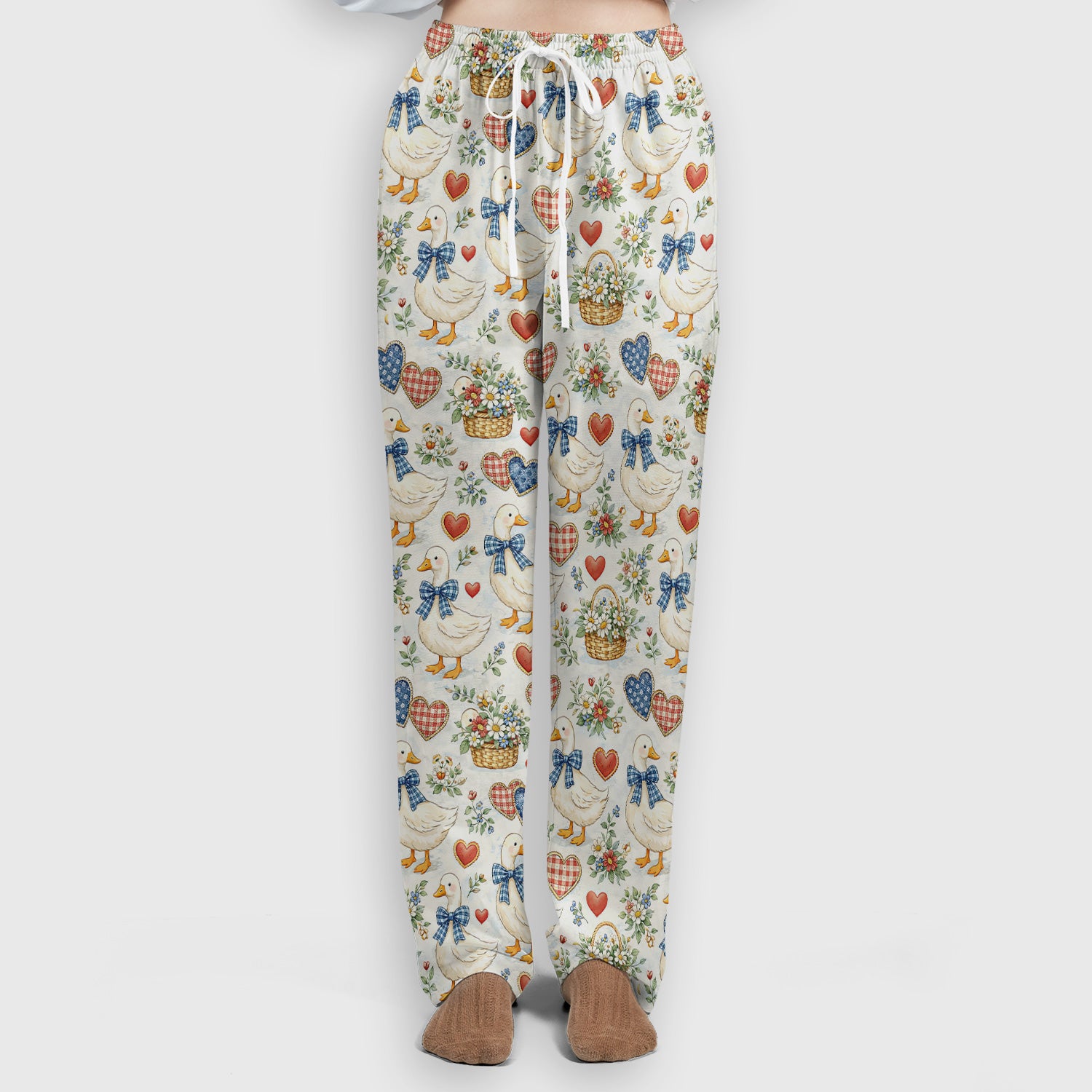 Cute Duck Heart Floral Nurse Pattern Scrub Set, Scrub Pants and V Neck Top