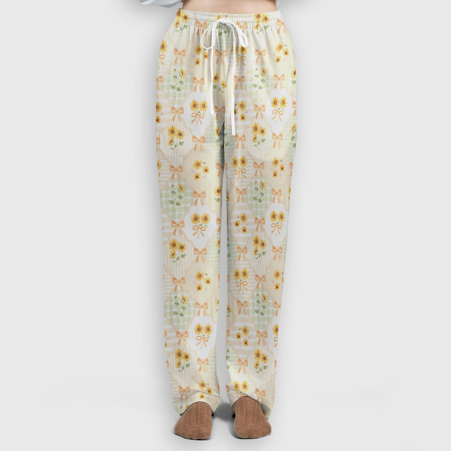 Cute Sunflower Ribbon Patchwork Pattern Scrub Set, Scrub Pants and V Neck Top