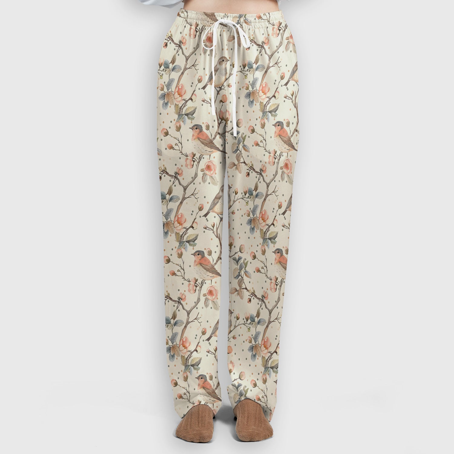 Vintage Bird Floral Branch Print Scrub Set, Scrub Pants and V Neck Top