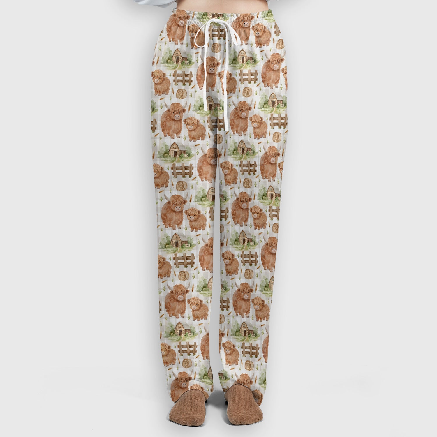 Cute Highland Cow With Farm Barn Fence Scrub Set, Scrub Pants and V Neck Top