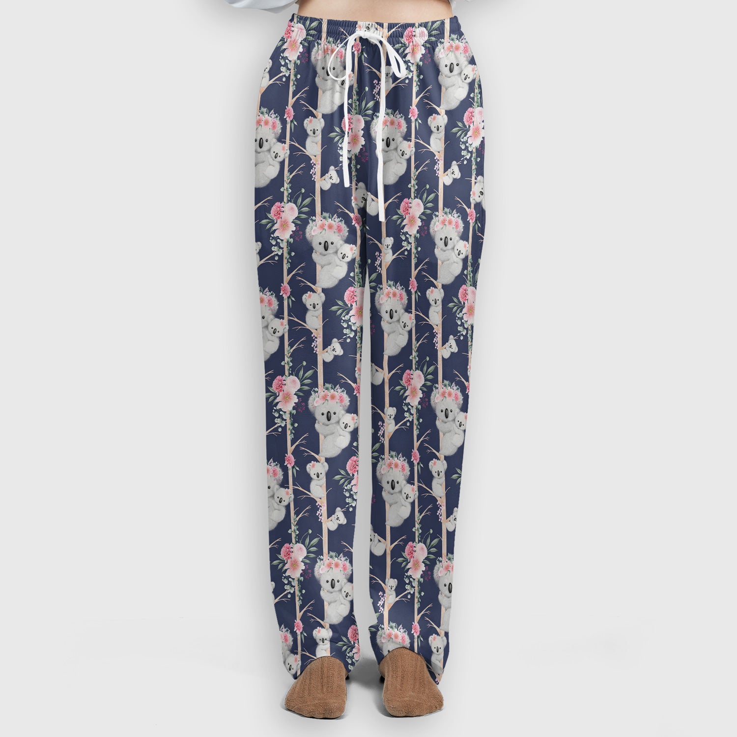 Cute Koala Climbing Tree Blossom Pattern Nurse Scrub Set, Scrub Pants and V Neck Top