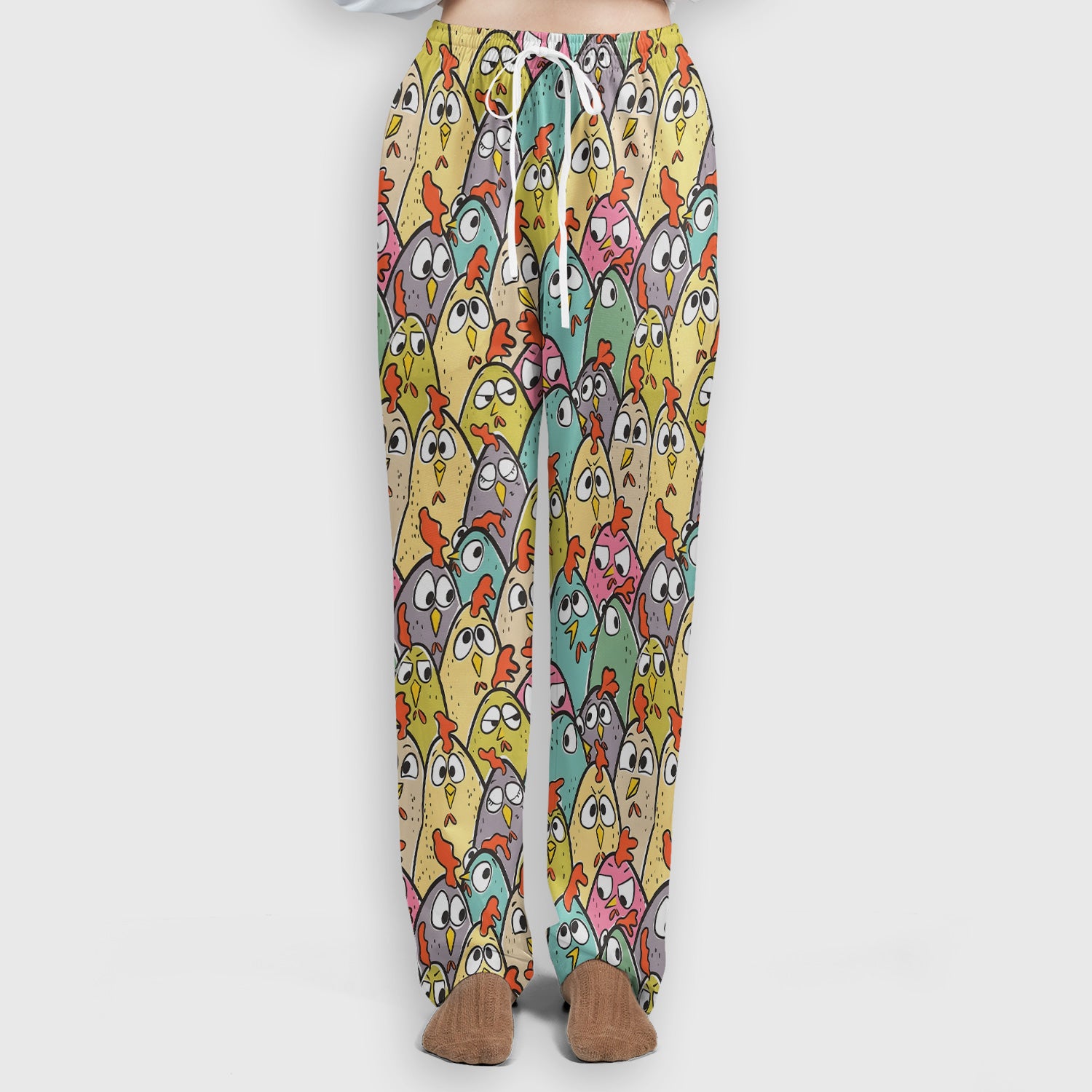 Funny Cartoon Chicken Crowd Pattern Scrub Set, Scrub Pants and V Neck Top
