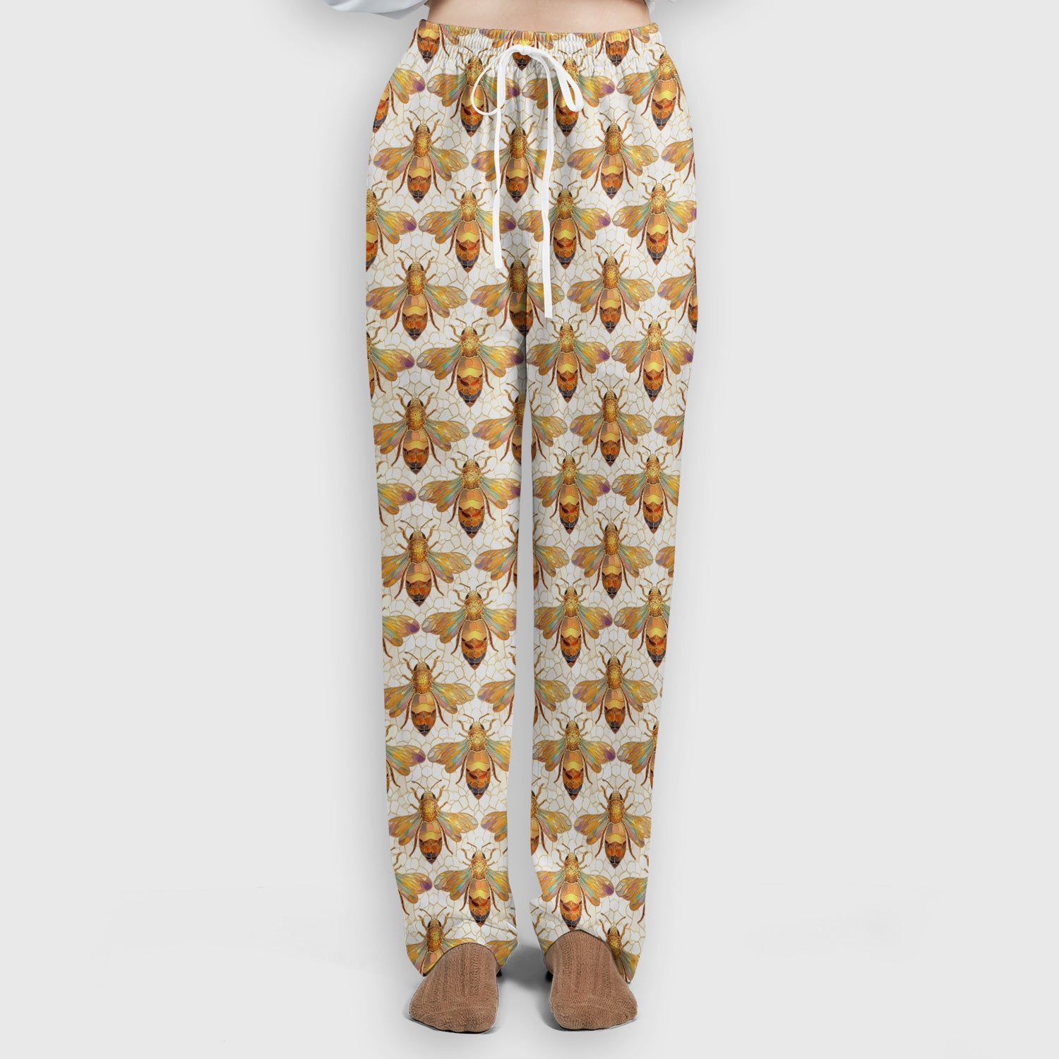 Golden Honey Bee Honeycomb Nurse Pattern Scrub Set, Scrub Pants and V Neck Top