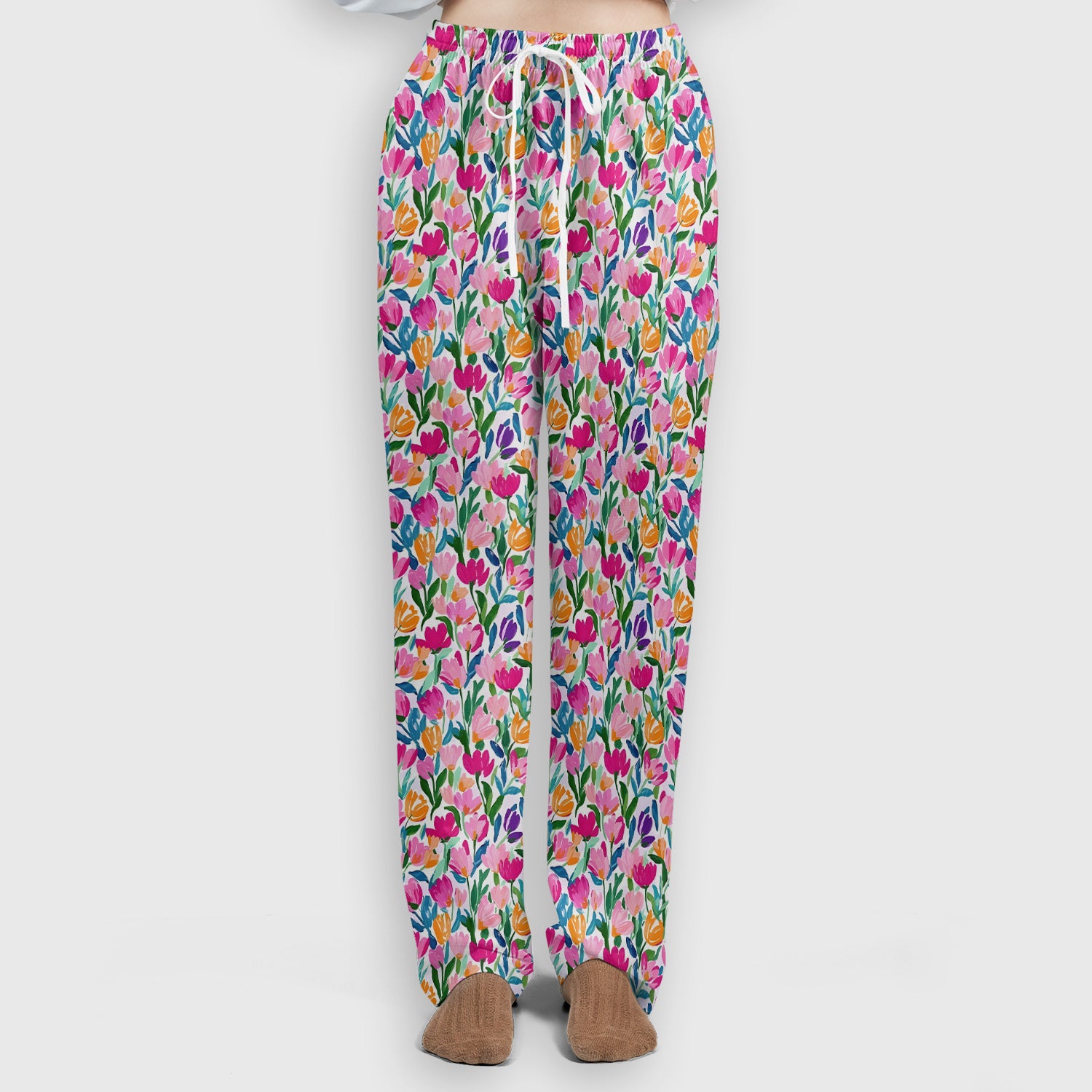 Vibrant Tulip Meadow Pattern Scrub Set, Scrub Pants and V Neck Top
