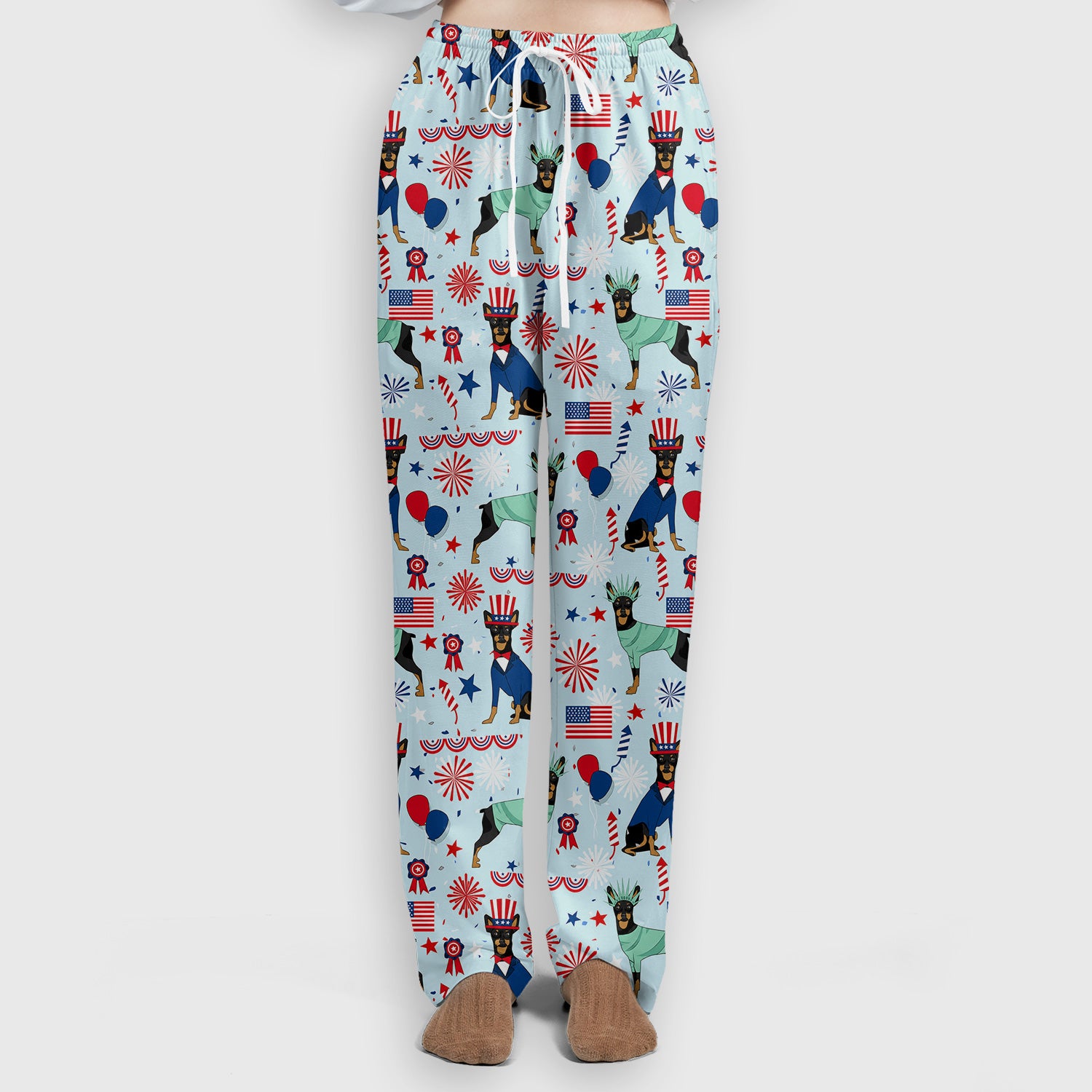 Patriotic Doberman Liberty Fireworks Pattern Scrub Set, Scrub Pants and V Neck Top