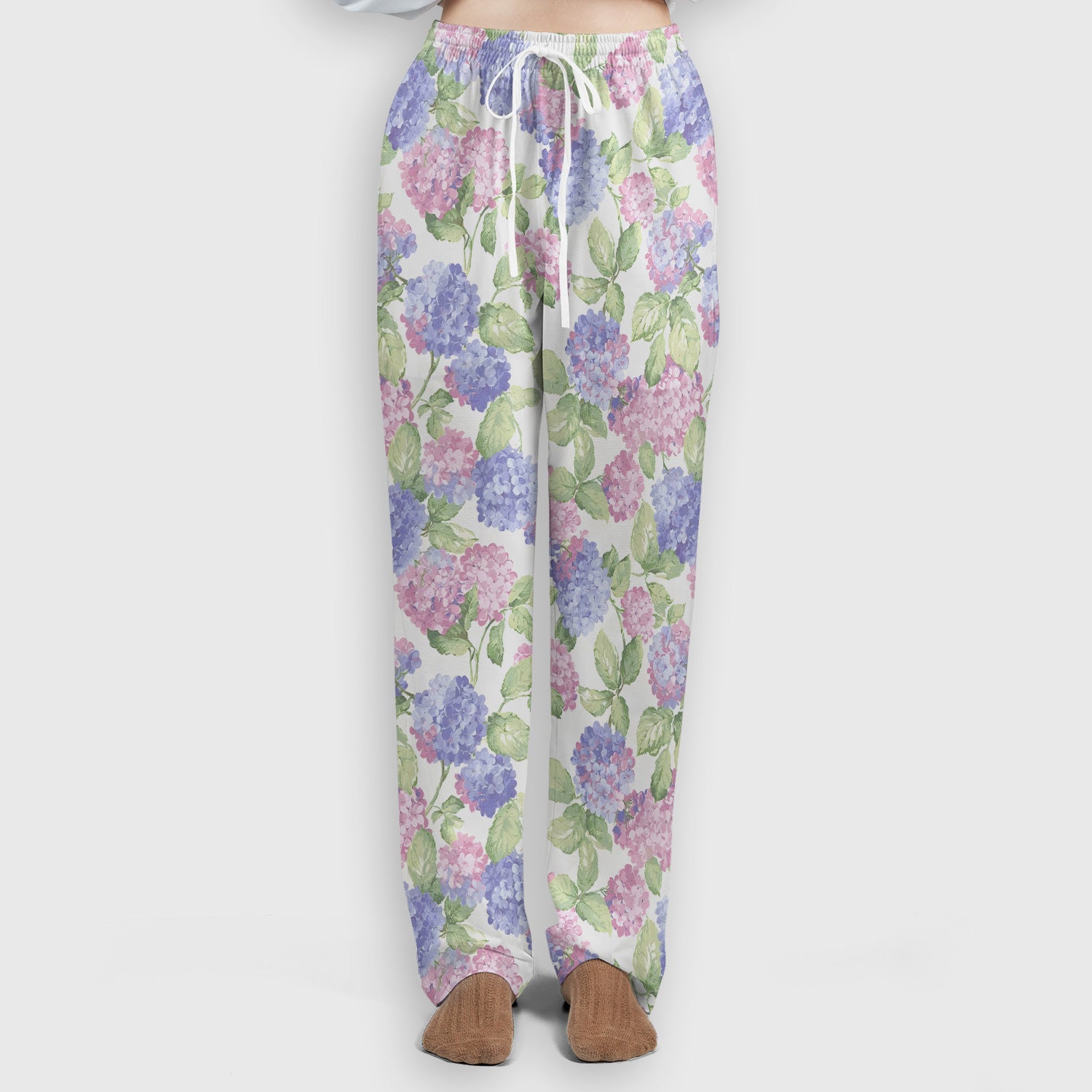 Soft Pastel Watercolor Hydrangea Floral Pattern Scrub Set, Scrub Pants and V Neck Top