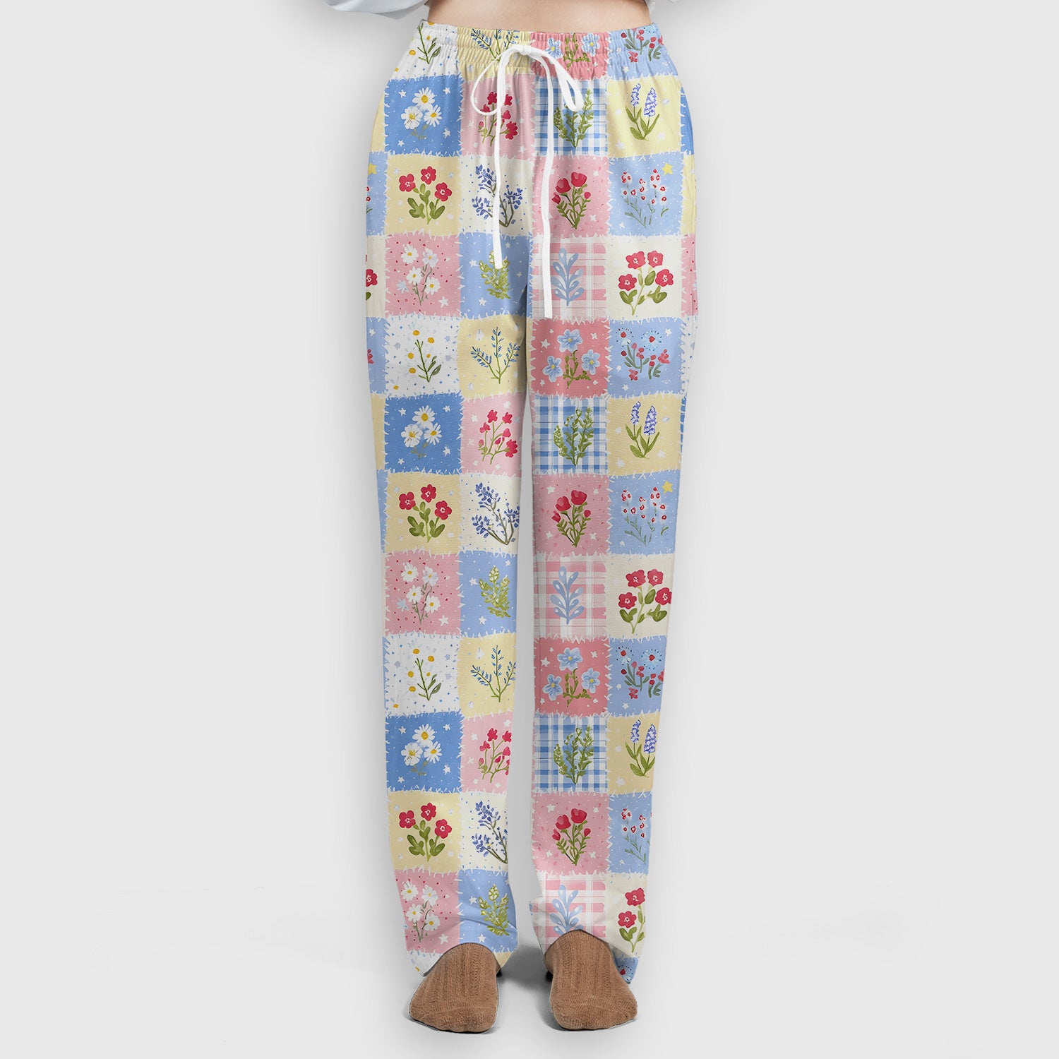 Pastel Patchwork Wildflower Garden Print Scrub Set, Scrub Pants and V Neck Top