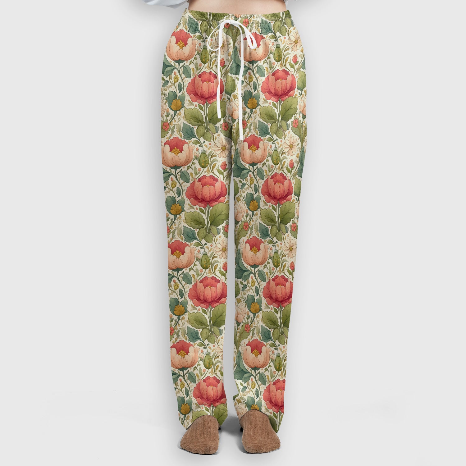 Vintage Botanical Peony Floral Pattern Scrub Set, Scrub Pants and V Neck Top