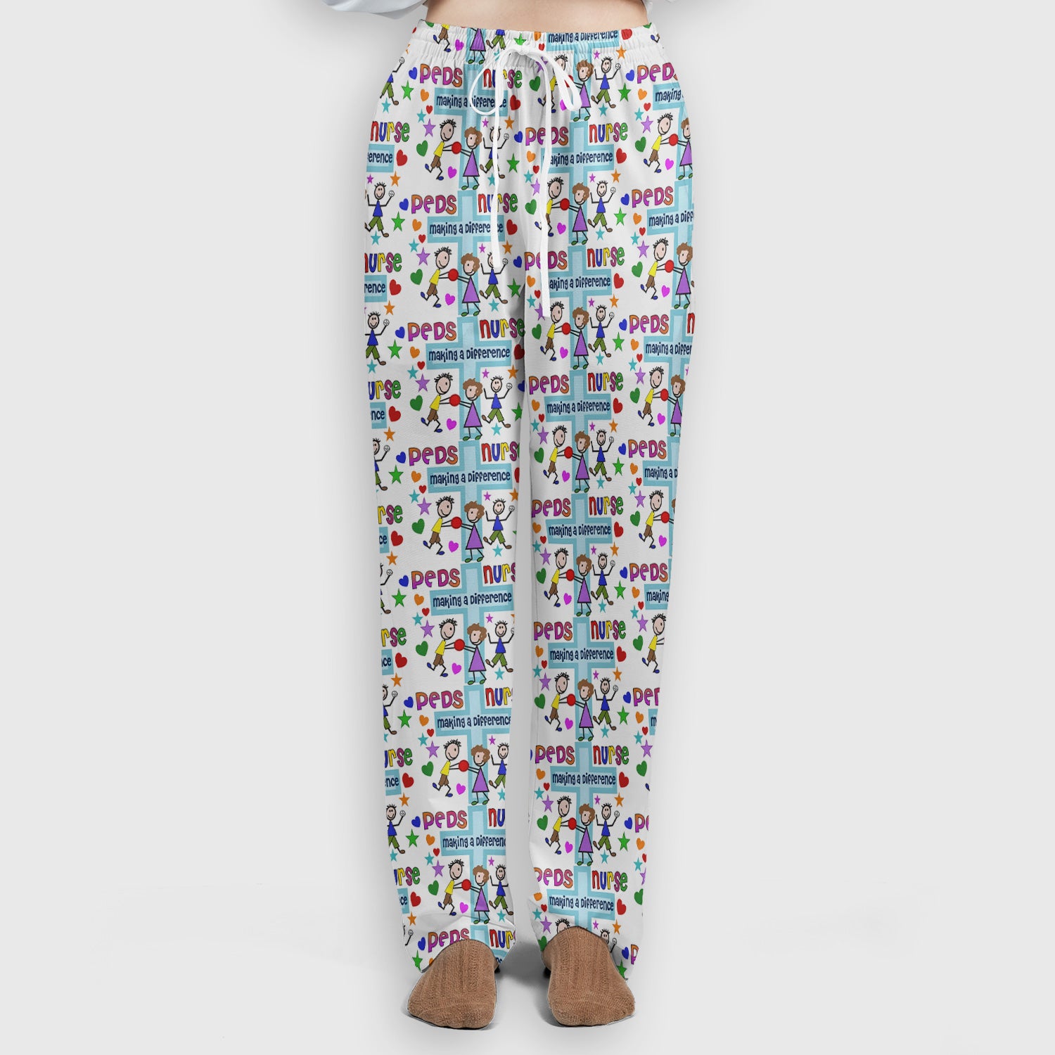 Peds Nurse Making A Difference Pattern Scrub Set, Scrub Pants and V Neck Top