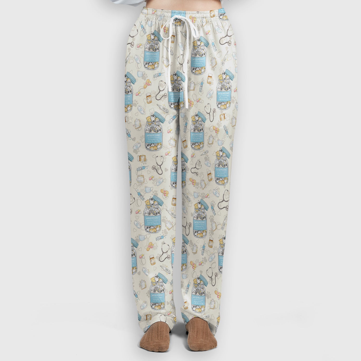 Cute Antidepressant Cat Jar Print Women's Scrub Set, Breathable Med Uniform
