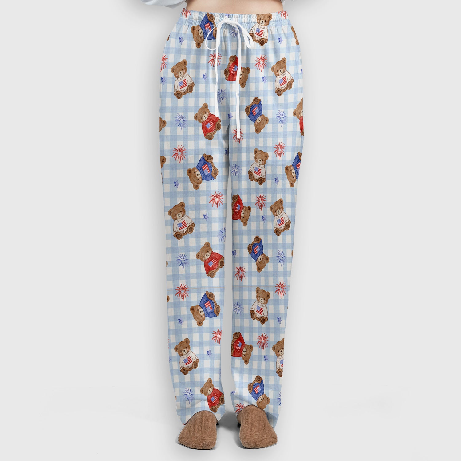 Cute Patriotic Teddy Bear Firework Gingham Pattern Scrub Set, Scrub Pants and V Neck Top