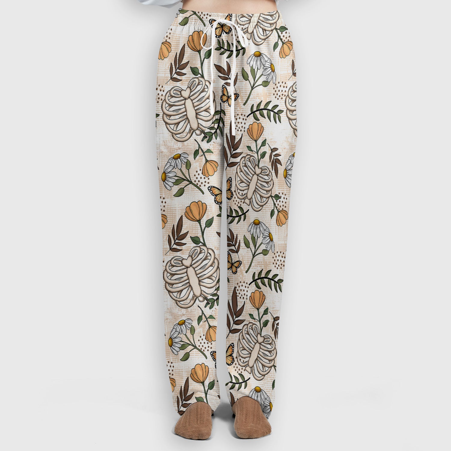 Skeleton Ribcage With Daisy And Butterfly Floral Scrub Set, Scrub Pants and V Neck Top