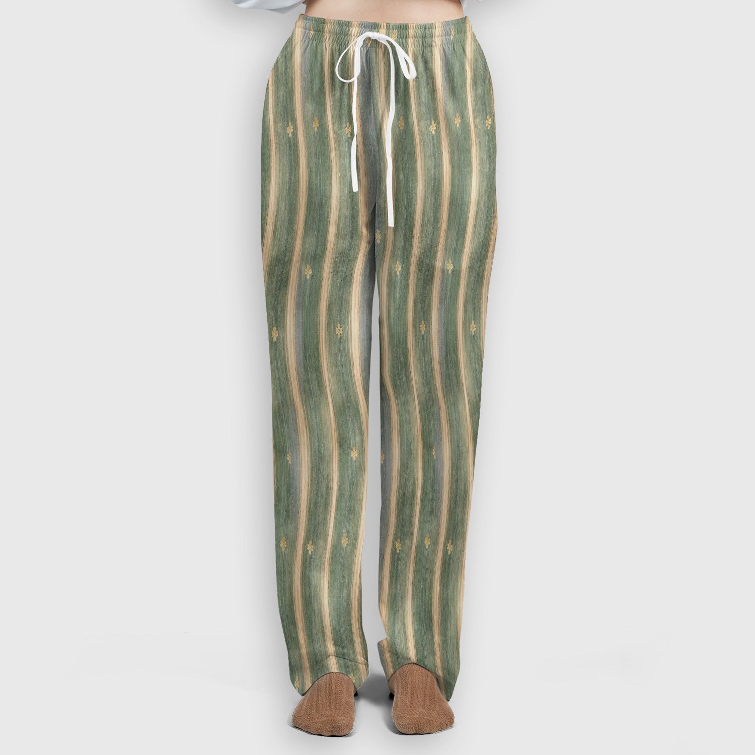 Charming Nurse Green Vertical Stripe Small Floral Pattern Scrub Set, Scrub Pants and V Neck Top