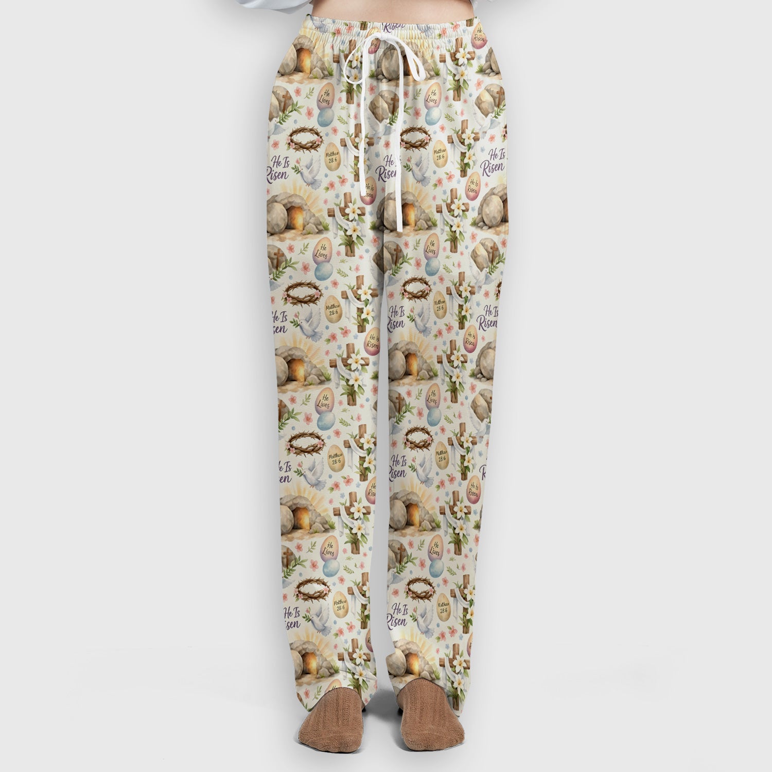 He Is Risen Cross Tomb Lily Pattern Scrub Set, Scrub Pants and V Neck Top
