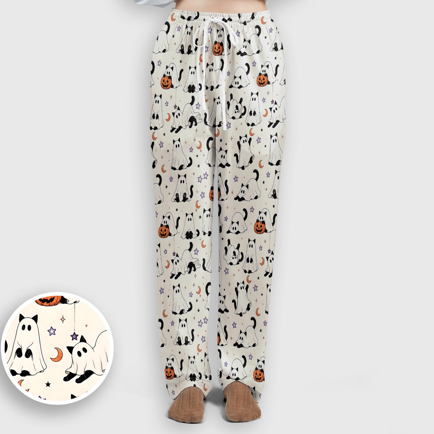 Halloween Ghost Cats And Pumpkins Scrub Set, Scrub Pants and V Neck Top