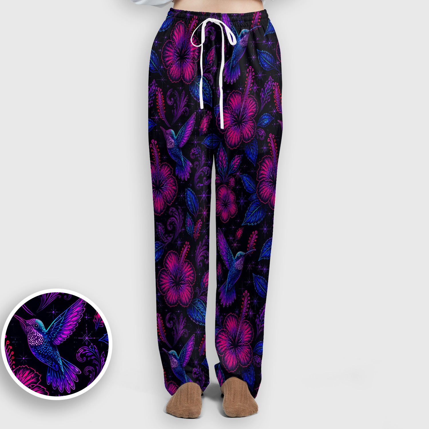 Tropical Hummingbird Hibiscus Floral Pattern Scrub Set, Scrub Pants and V Neck Top
