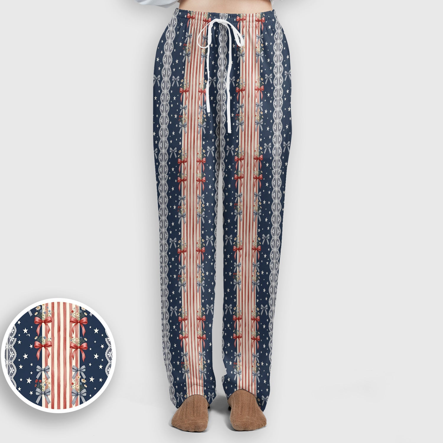 Patriotic Bow Lace Stripe Pattern Scrub Set, Scrub Pants and V Neck Top