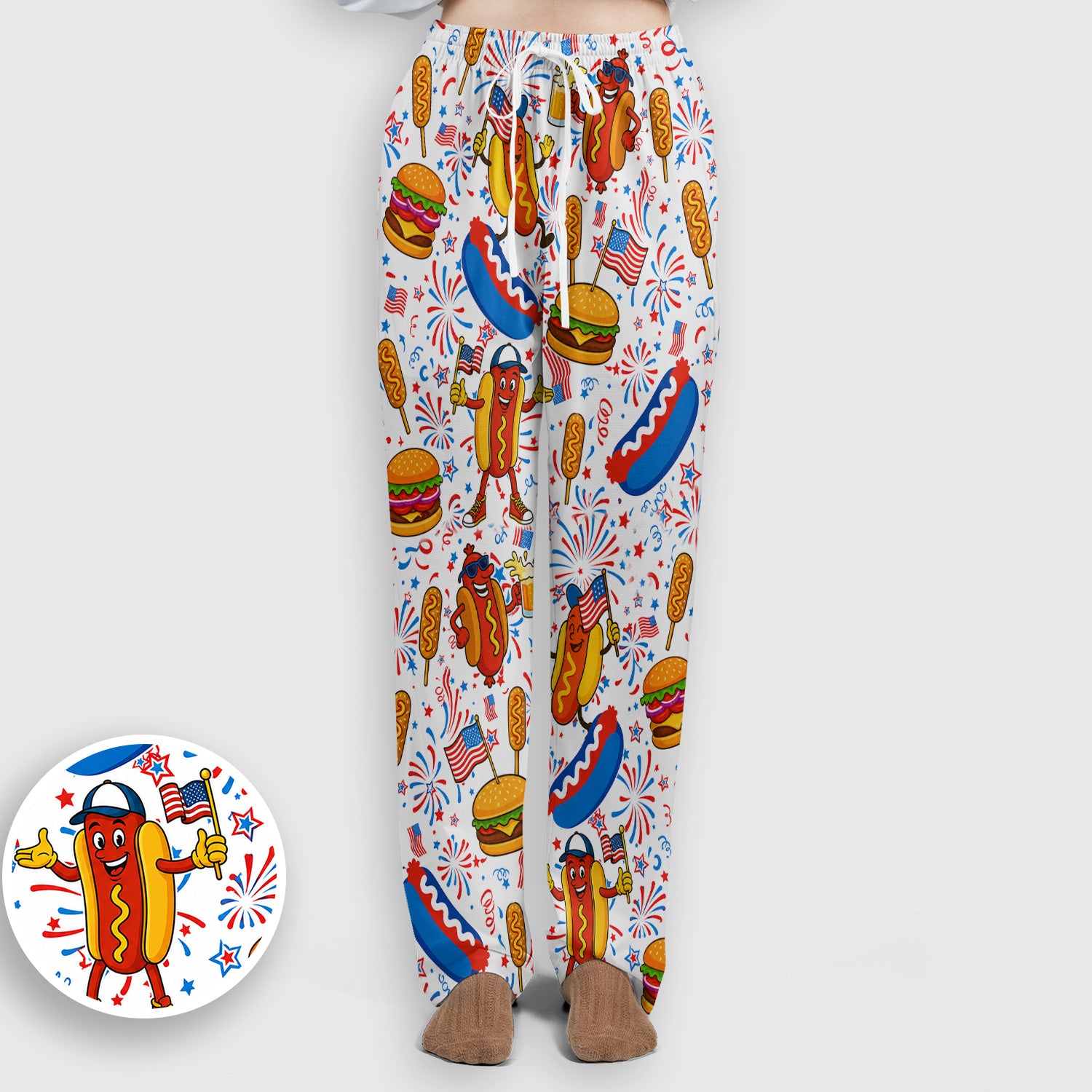 Patriotic Hot Dog Burger Fireworks Scrub Set, Scrub Pants and V Neck Top