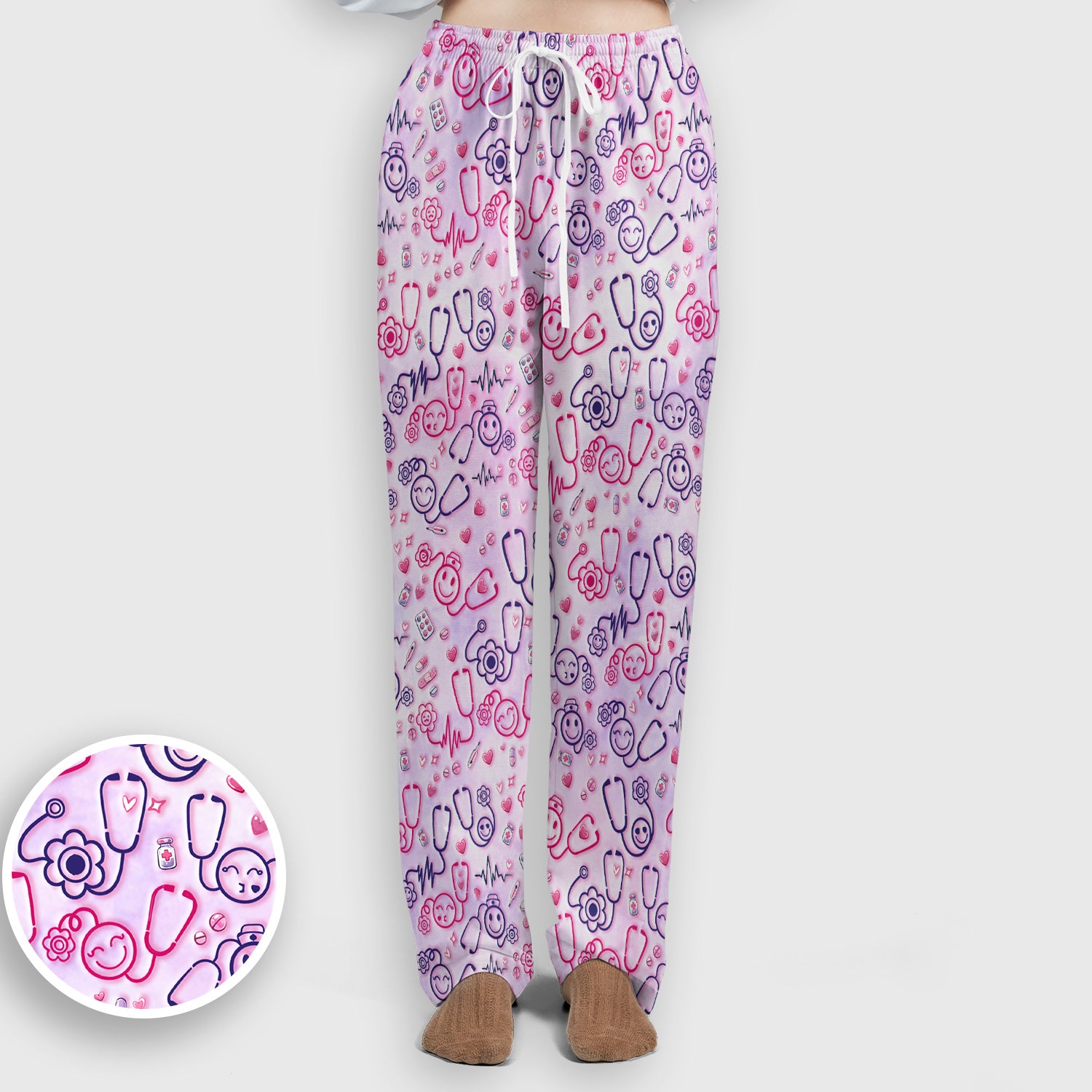 Stethoscope Heart Cute Icon Print Scrub Set, Breathable Med Uniform