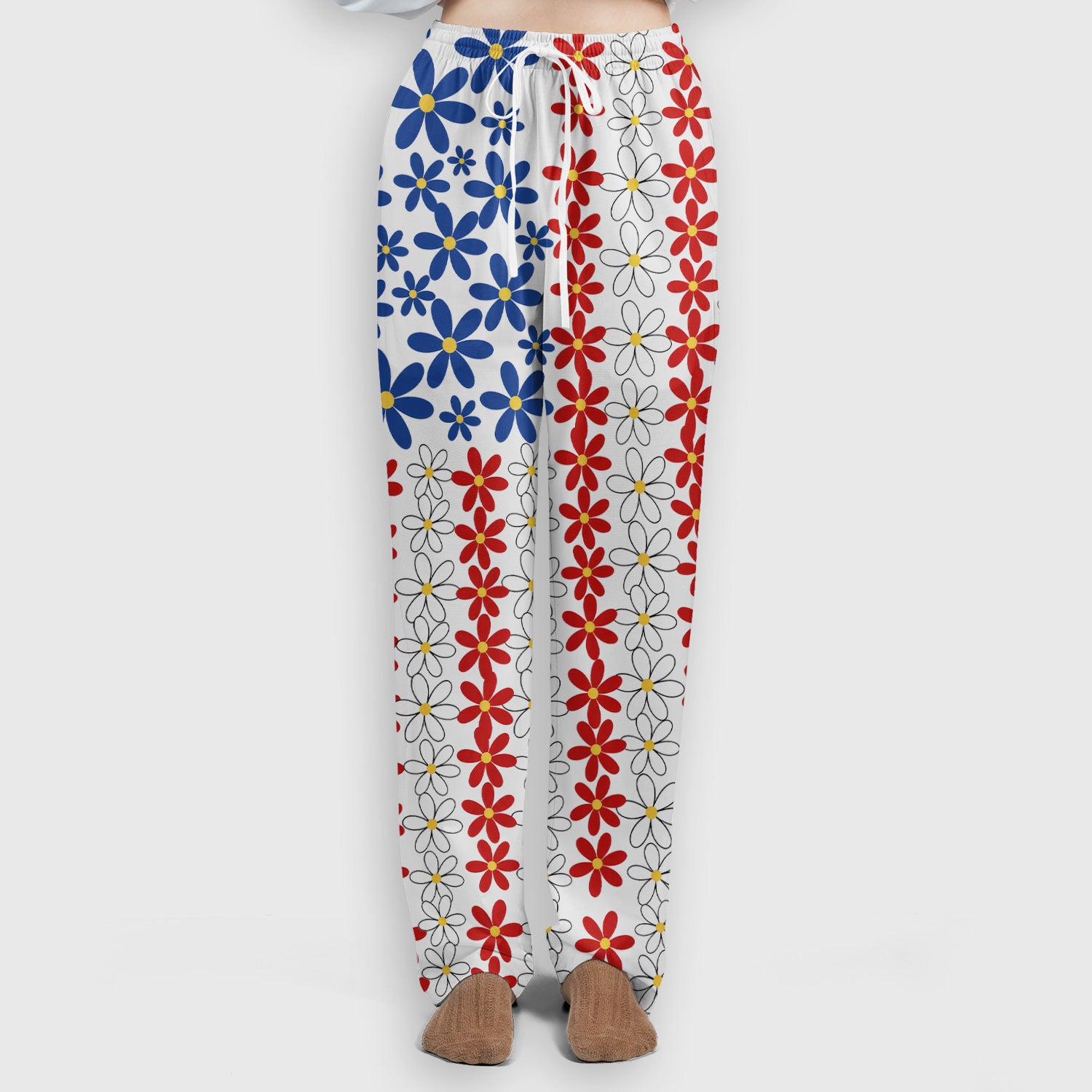 Retro Red Blue Daisy Stripe Pattern Scrub Top, Breathable Fabrics Nursing Uniform