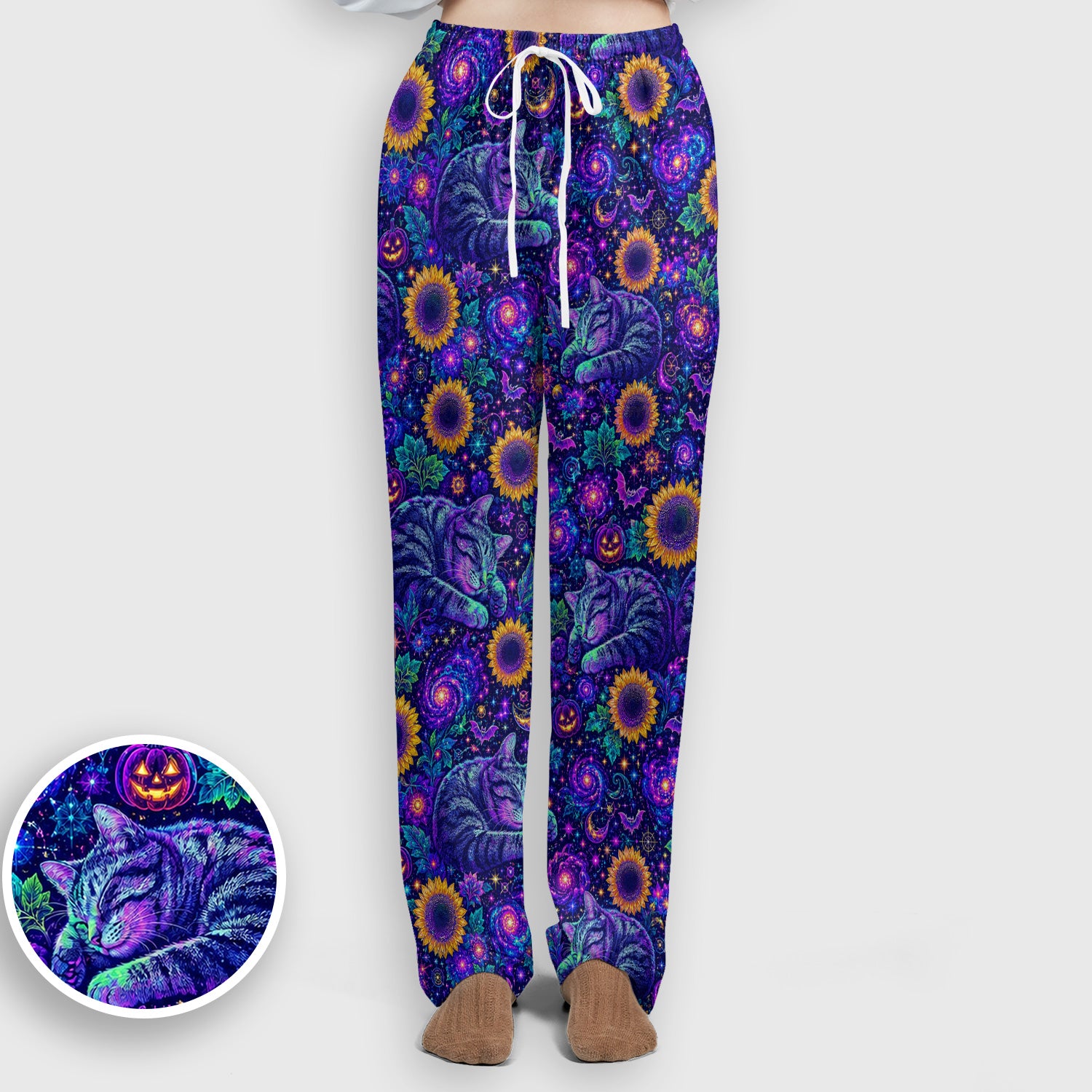 Spooky Galaxy Cat And Sunflowers Scrub Set, Scrub Pants and V Neck Top