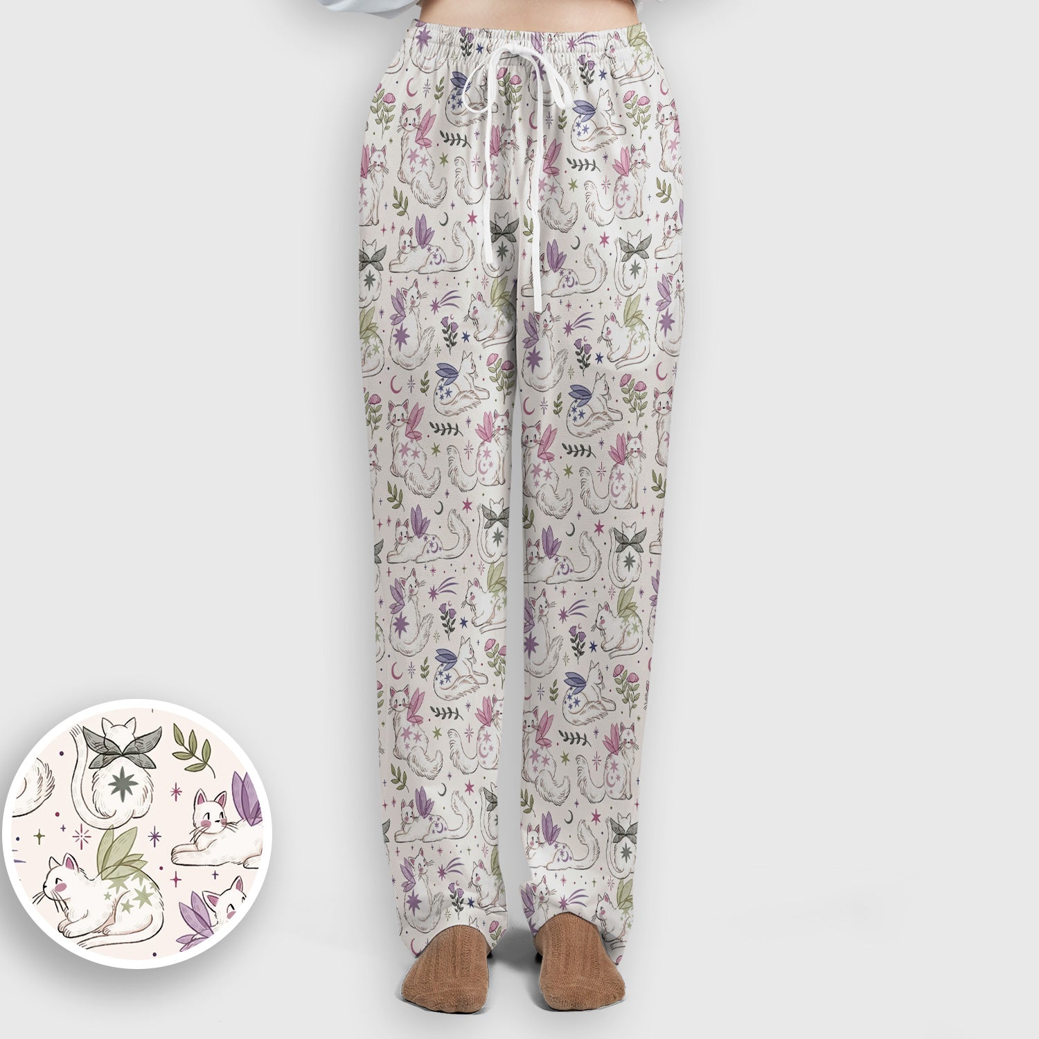 Cute Fairy Cat Moon Star Floral Pattern Scrub Set, Scrub Pants and V Neck Top