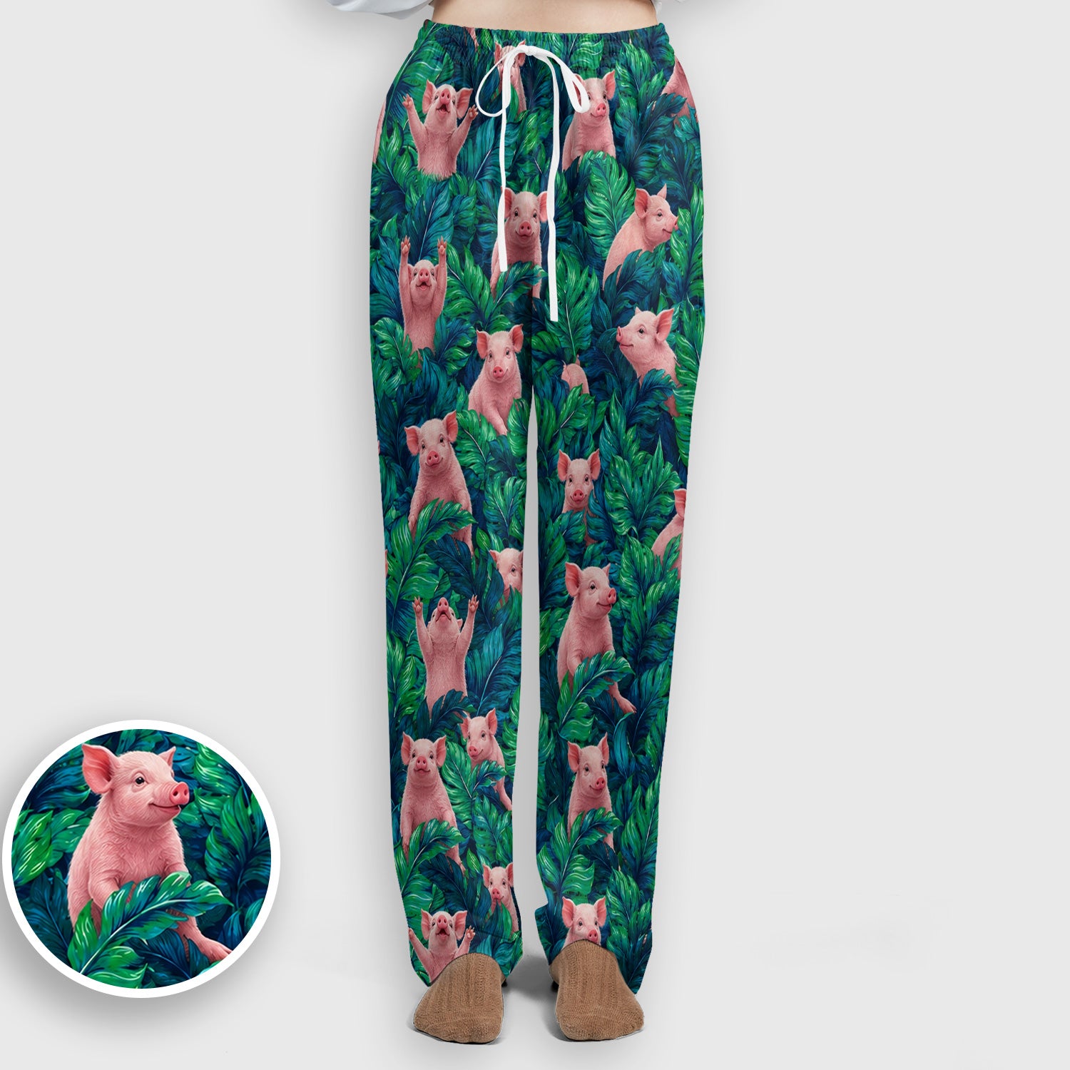 Cute Piglet Jungle Leaves Pattern Scrub Set, Scrub Pants and V Neck Top