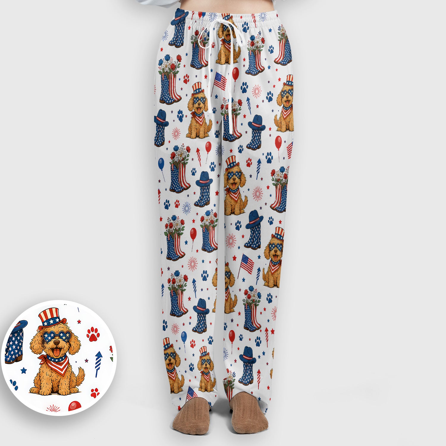 Patriotic Puppy Cowboy Boots Pattern Scrub Set, Scrub Pants and V Neck Top