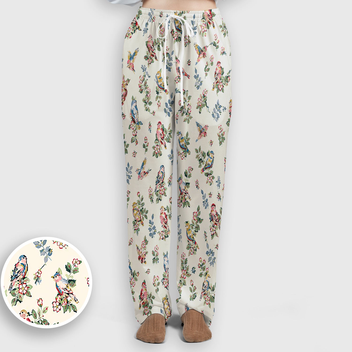 Cute Vintage Birds Blossom Pattern Scrub Set, Scrub Pants and V Neck Top