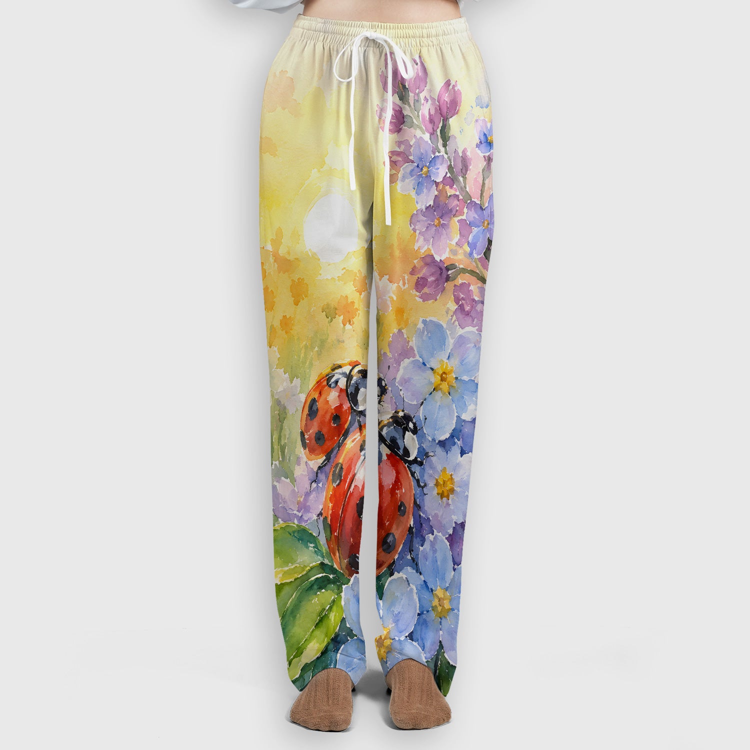 Ladybug Spring Flower Garden Print Scrub Set, Scrub Pants and V Neck Top
