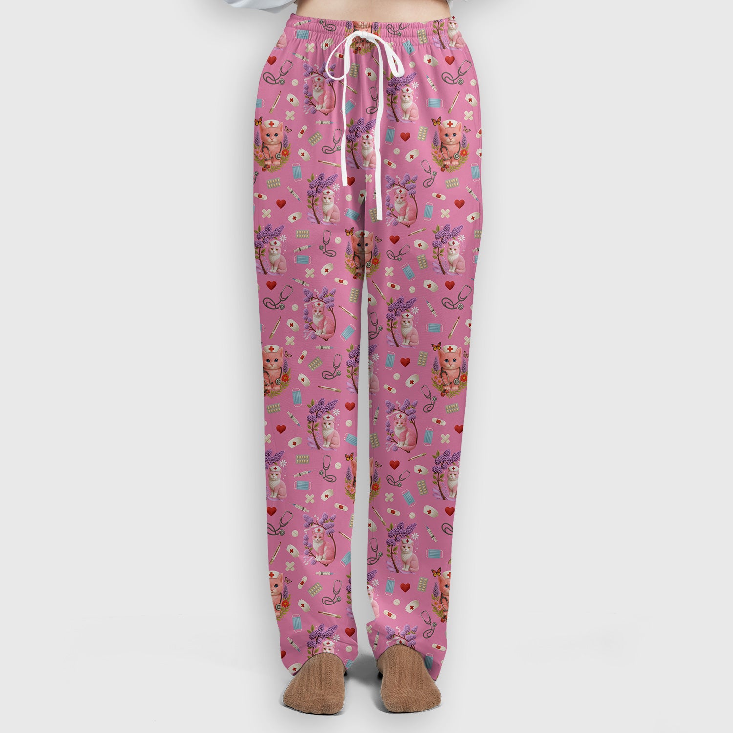 Cute Cat Pattern Nurse Scrub Set - Pink Medical Scrubs for Women - Adorable Kitty Print Gift for RN LPN CNA Healthcare Staff