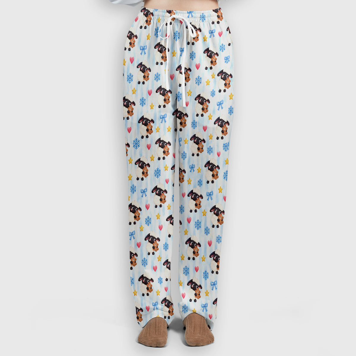 Cute Winter Lambs Holding Teddy Bears Scrub Set, Scrub Pants and V Neck Top
