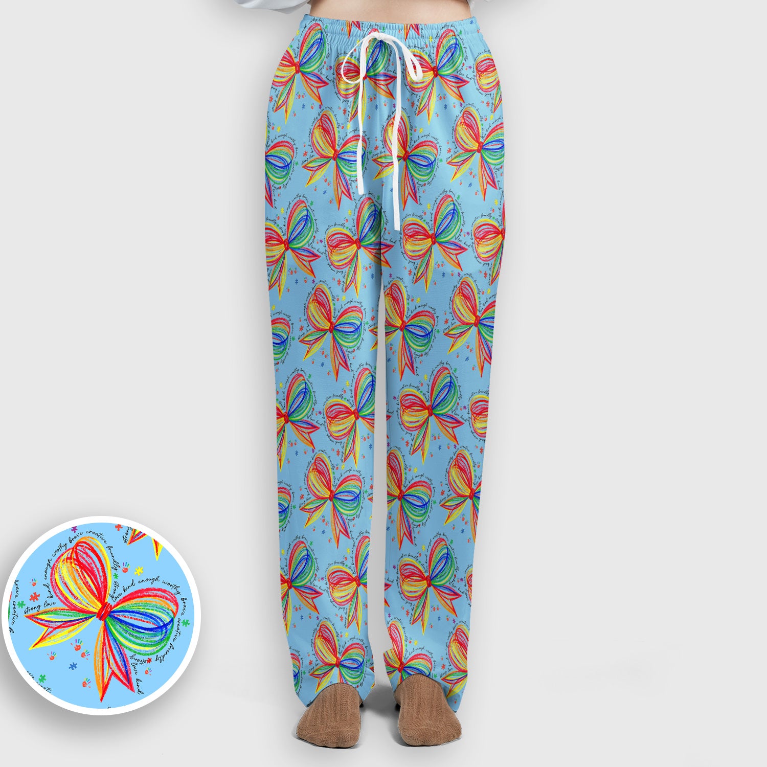 Colorful Rainbow Bow Pattern Scrub Set, Scrub Pants and V Neck Top