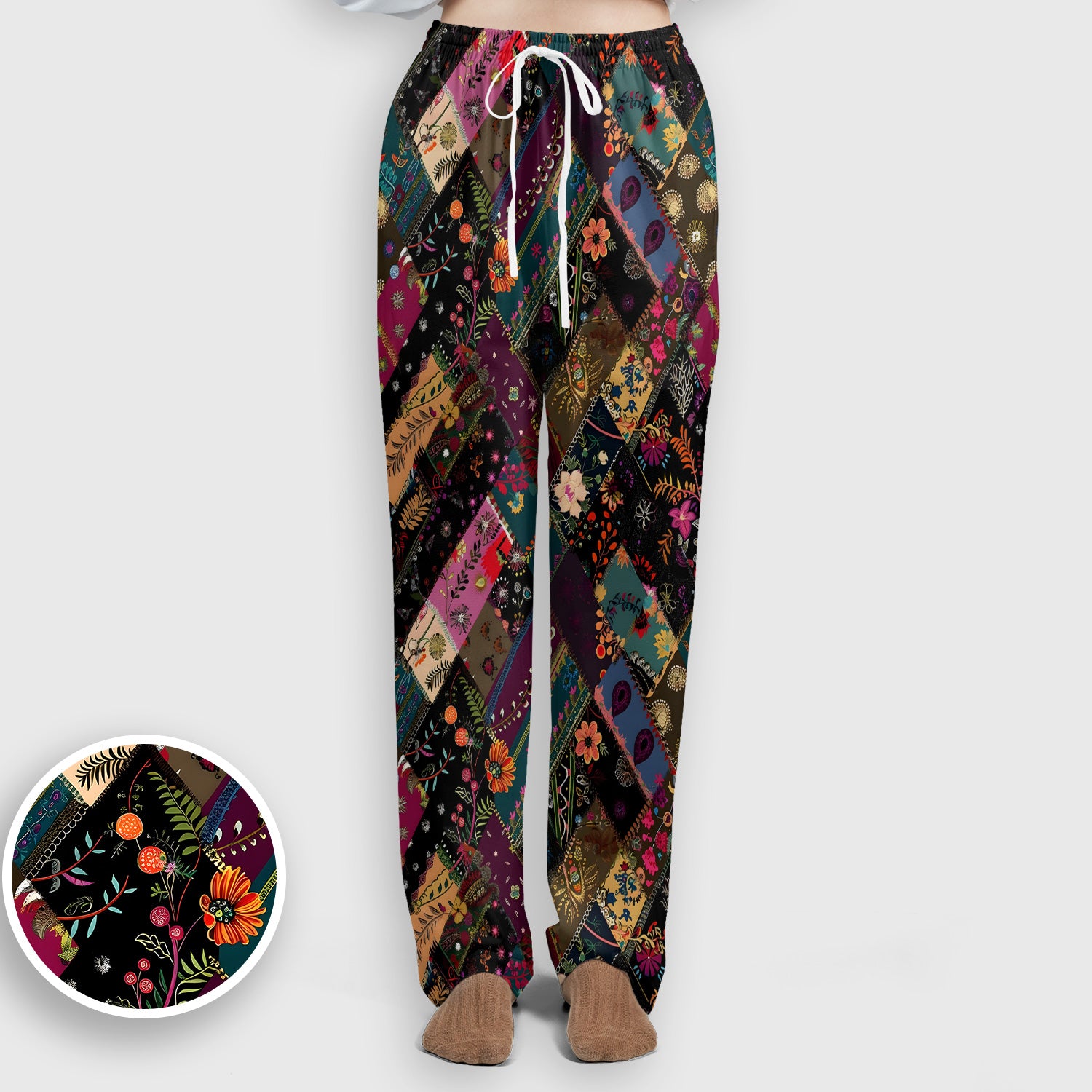 Colorful Bohemian Floral Patchwork Scrub Set, Scrub Pants and V Neck Top
