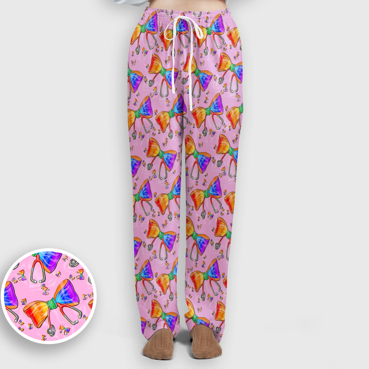 Colorful Rainbow Bow Stethoscope Pattern Scrub Top, Breathable Fabrics Nursing Uniform