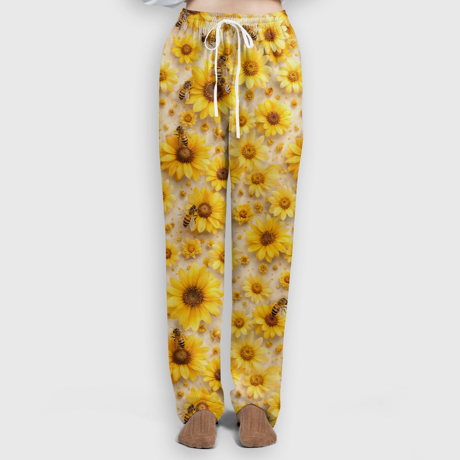 Yellow Sunflower Bee Garden Bloom Pattern Scrub Set, Scrub Pants and V Neck Top
