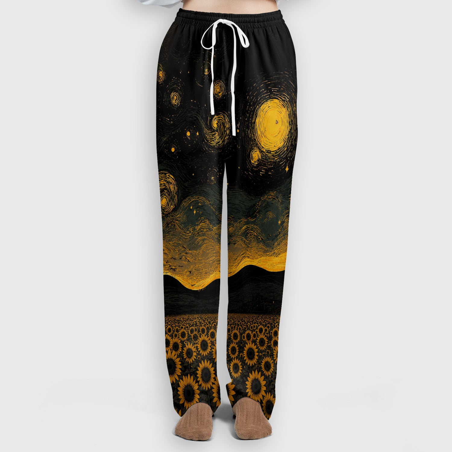 Cute Black Cat Sunflower Night Pattern Scrub Set, Scrub Pants and V Neck Top