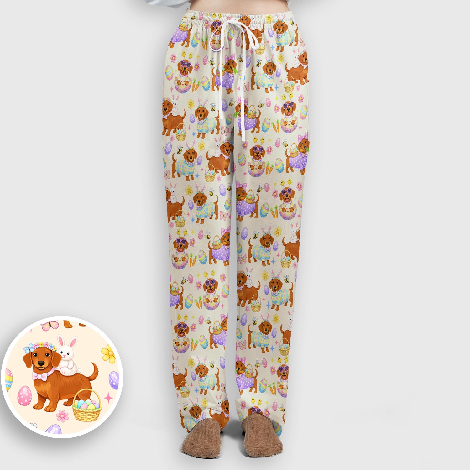 Cute Easter Dachshund Dog Pattern Scrub Set, Scrub Pants and V Neck Top