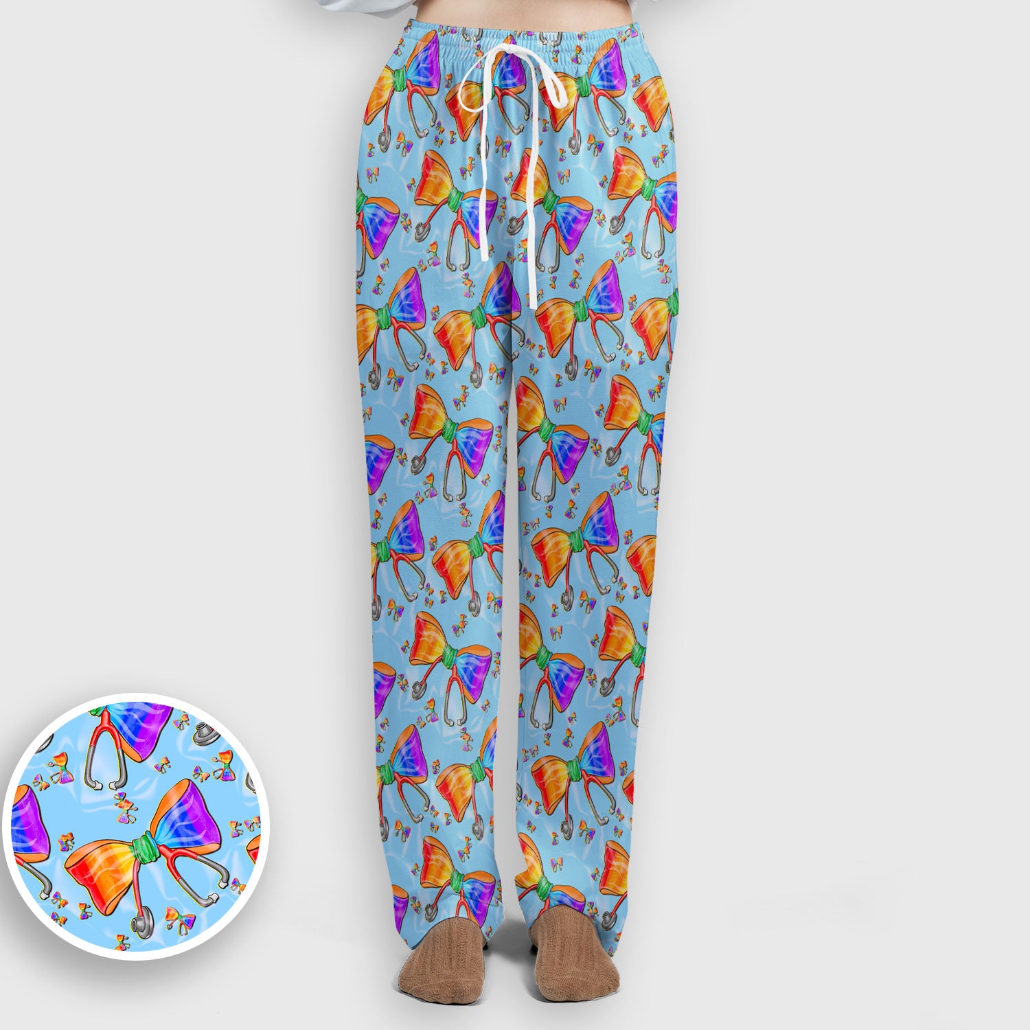 Colorful Rainbow Bow Stethoscope Pattern Scrub Top, Breathable Fabrics Nursing Uniform