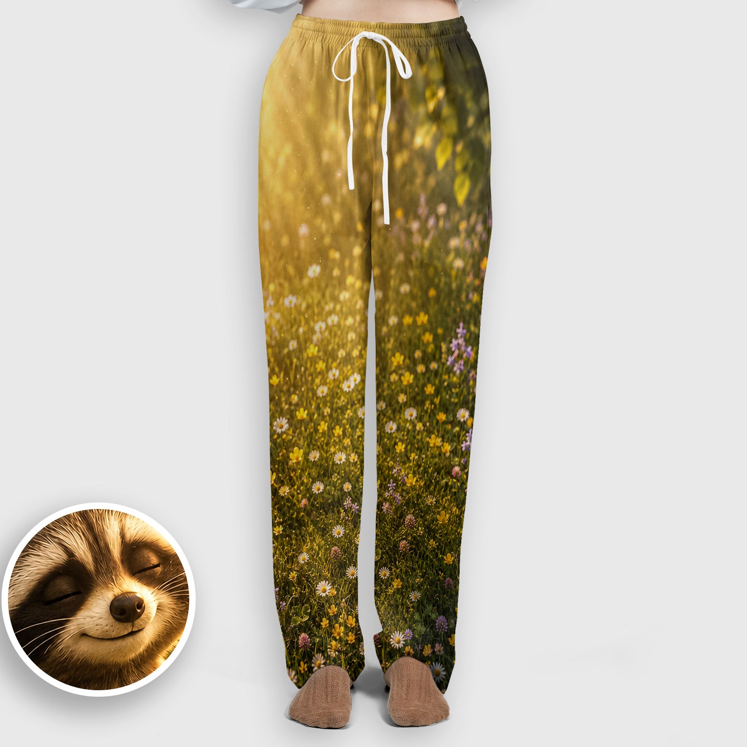 Smiling Raccoon Meadow Flower Pattern Scrub Set, Scrub Pants and V Neck Top