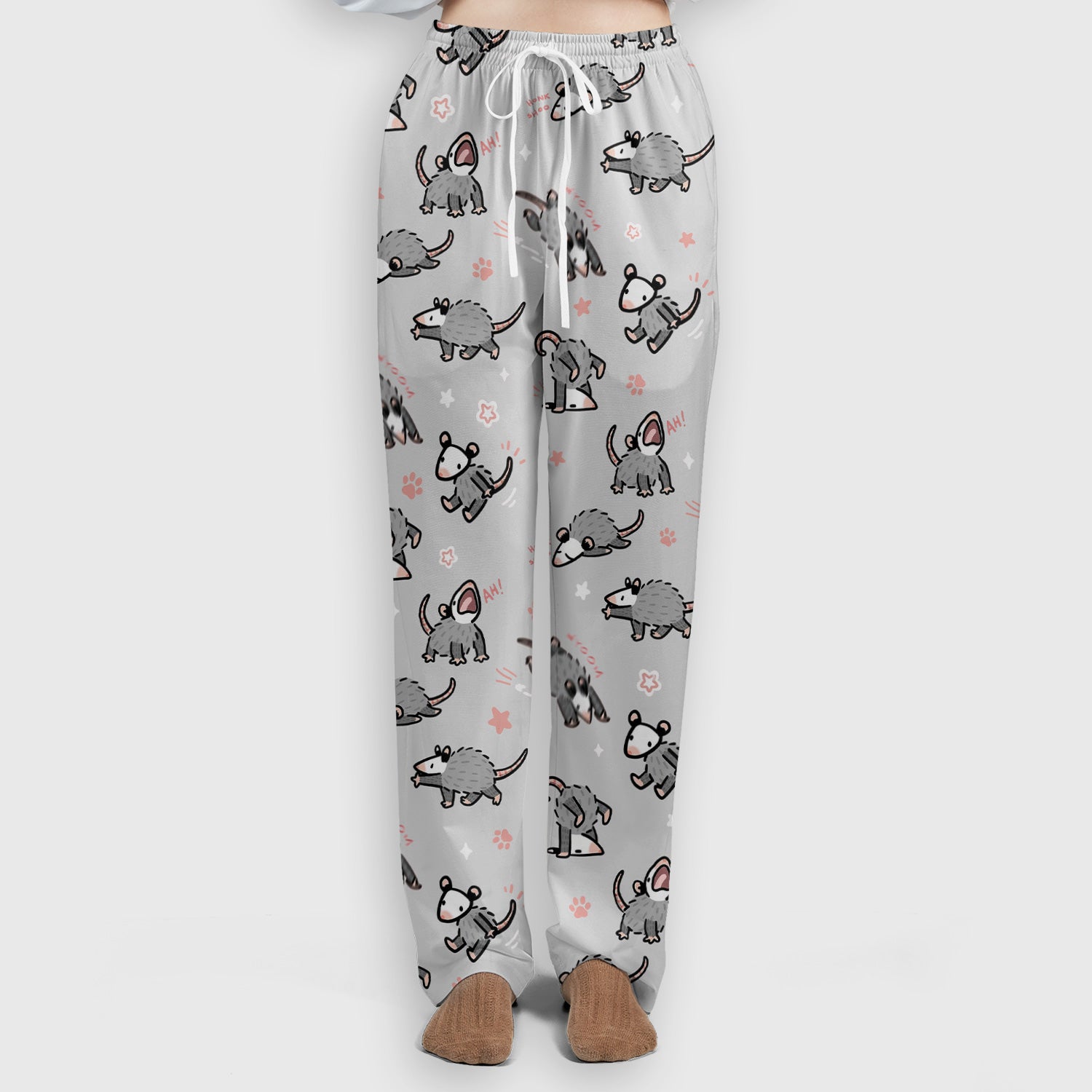 Playful Cartoon Opossum Character Pattern Scrub Set, Women's Scrub Sets