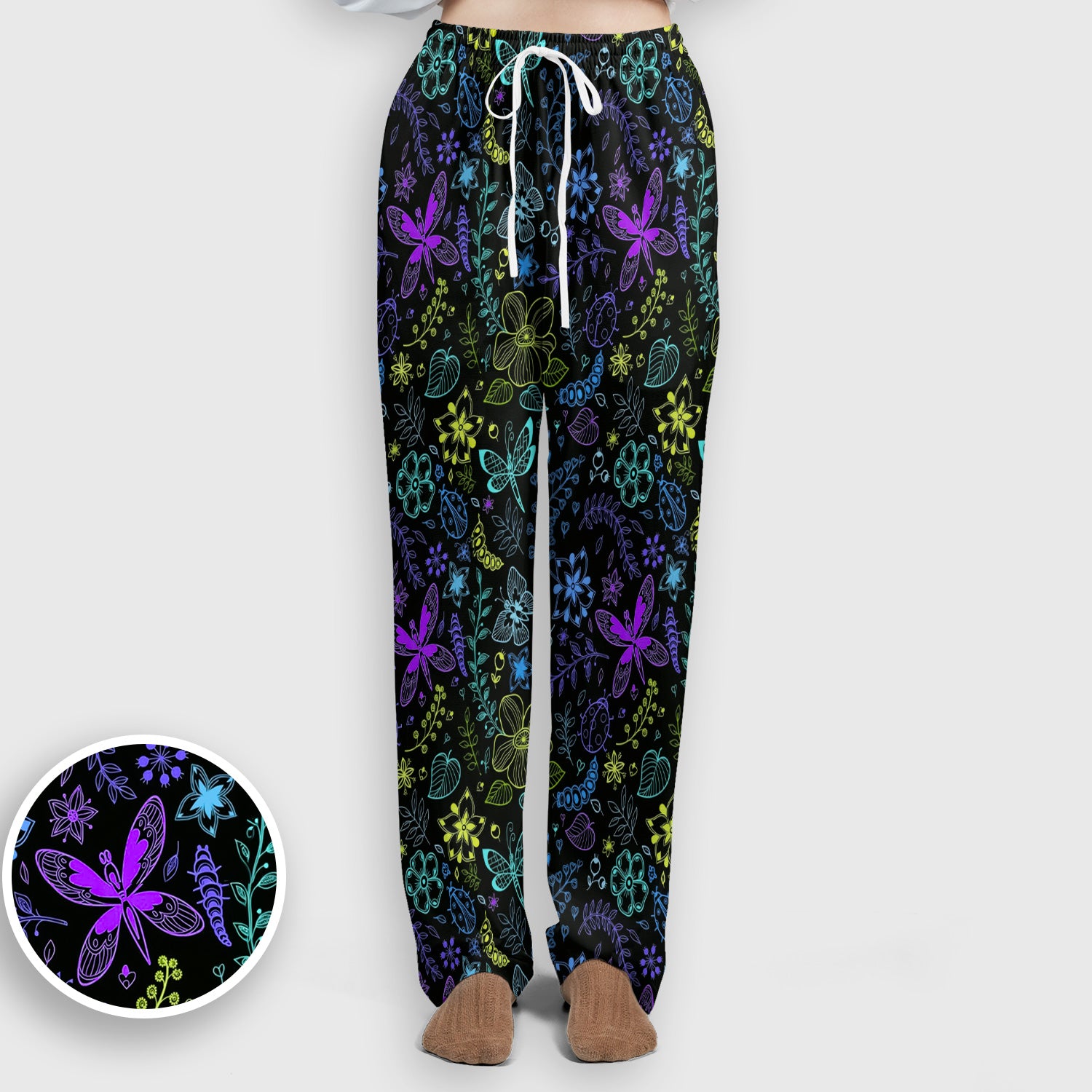 Neon Butterfly and Floral Garden Pattern Scrub Set, Scrub Pants and V Neck Top