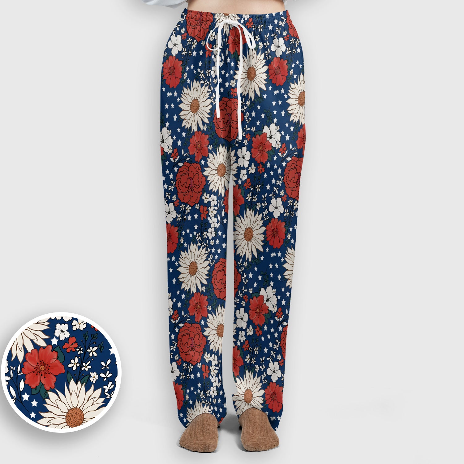 Red White Blue Floral Pattern Scrub Set, Scrub Pants and V Neck Top