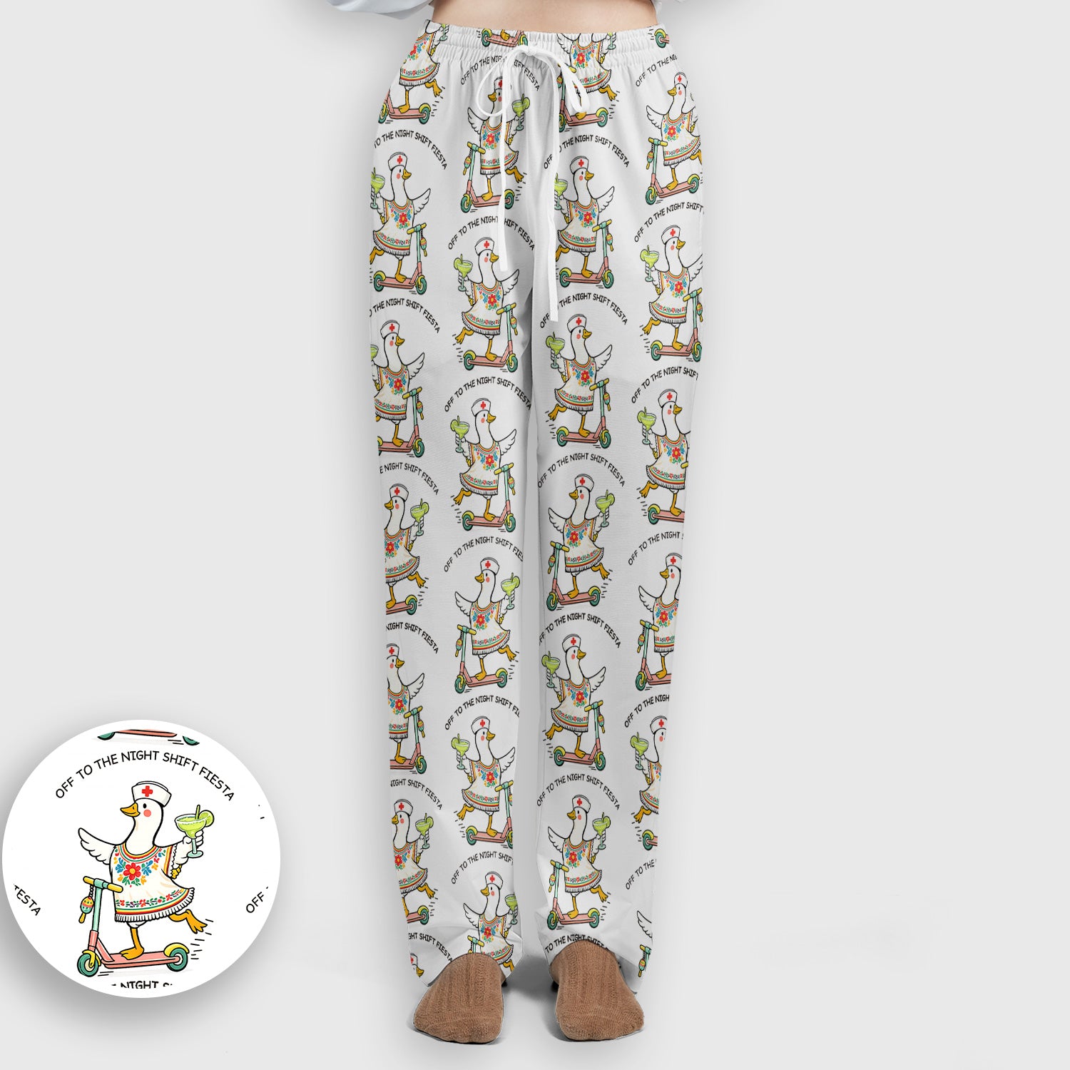 Funny Duck Scooter Night Shift Fiesta Scrub Set, Scrub Pants and V Neck Top