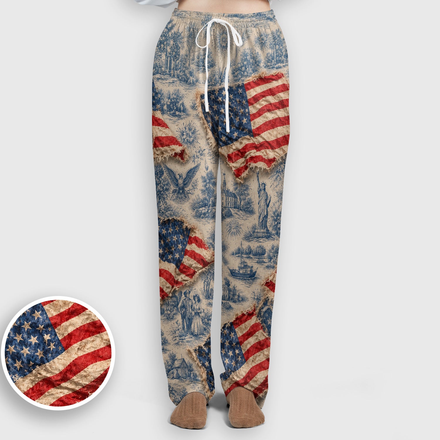 Vintage American Flag Toile Pattern Scrub Set, Scrub Pants and V Neck Top