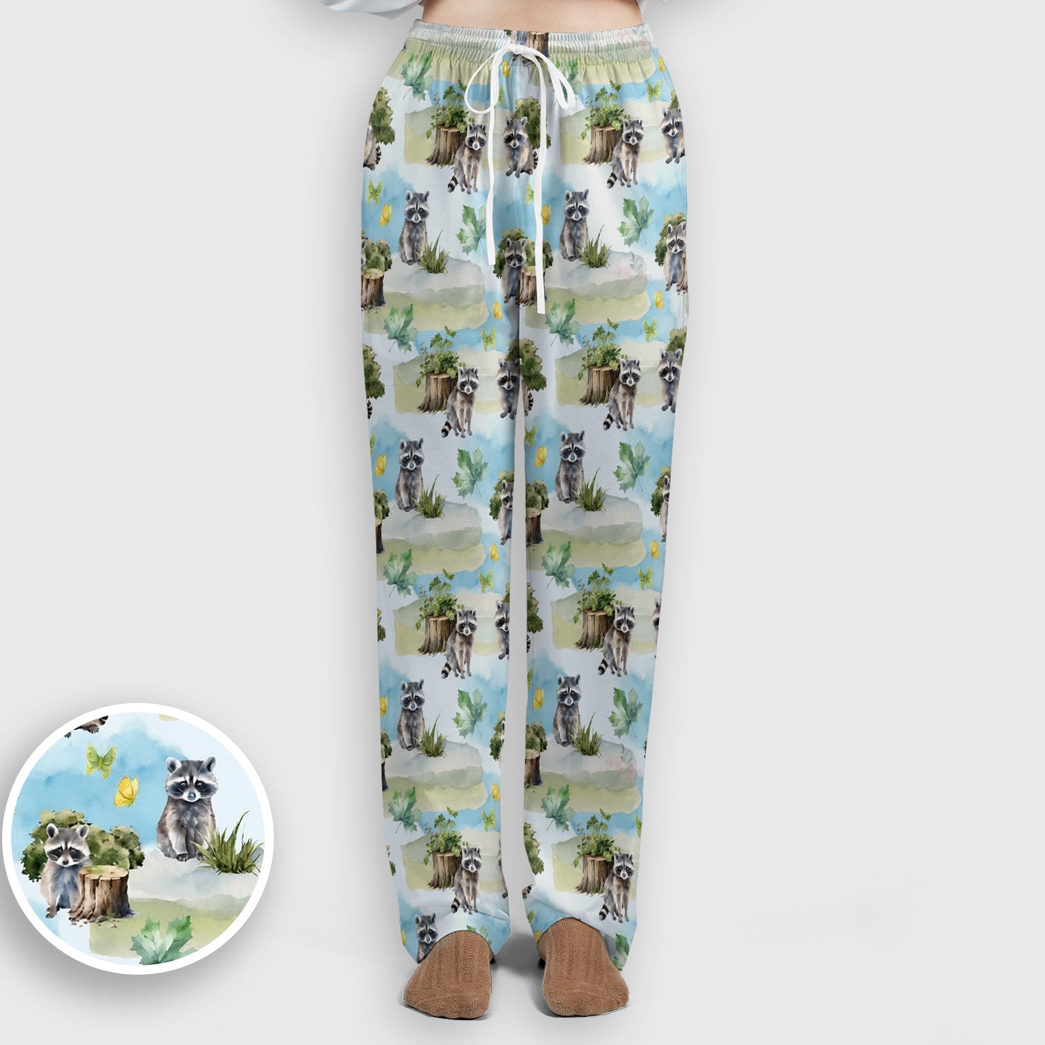 Cute Raccoon Woodland Print Scrub Set, Scrub Pants and V Neck Top